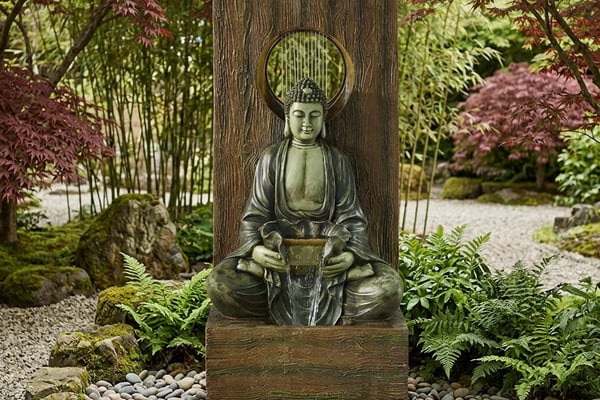 Heavenly Buddha Self-Contained Water Feature in a zen garden setting