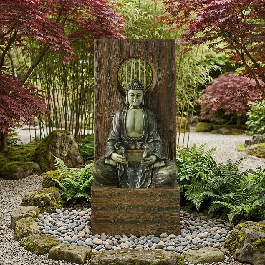 Heavenly Buddha self contained water feature with water flowing toward the patio seating area, correct feng shui orientation