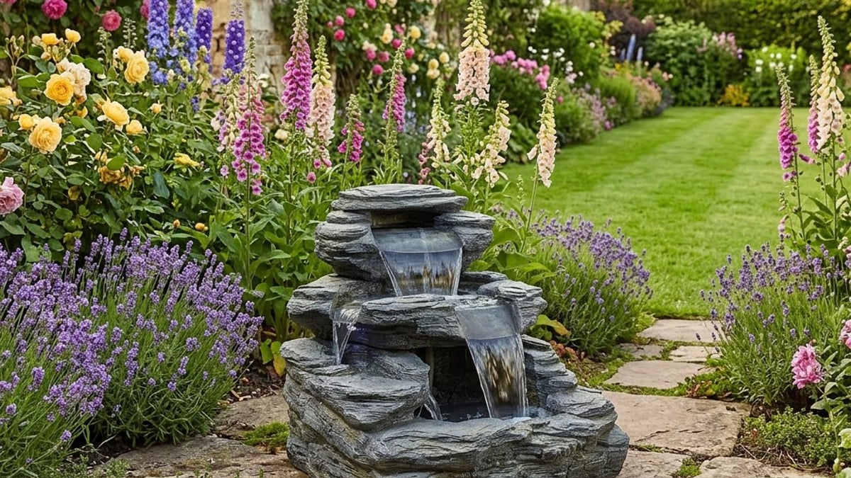 Peaks Falls cascading garden waterfall tumbling over slate ledges in a UK cottage garden