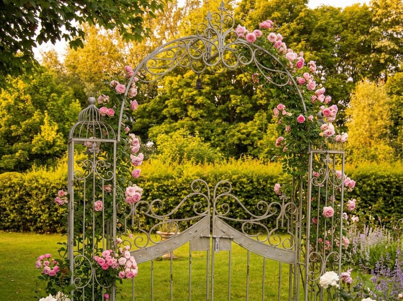 Ornamental metal gates in antiqued green finish shown from garden pathway