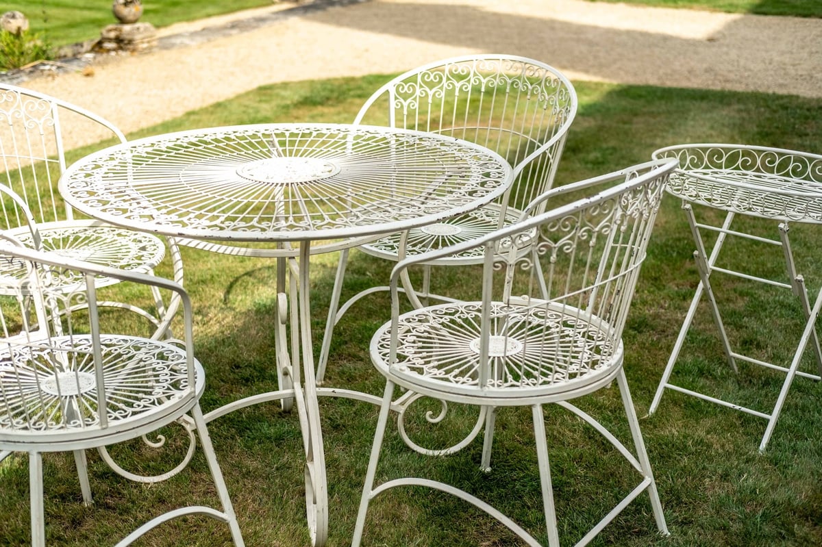 Blaydon cream metal garden dining set with glass table top, six seats