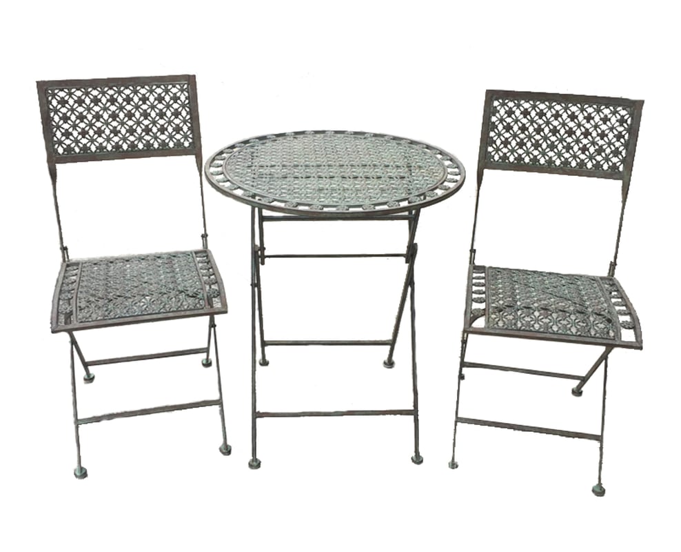 Bosbury antiqued blue metal three-piece bistro set with two chairs and table