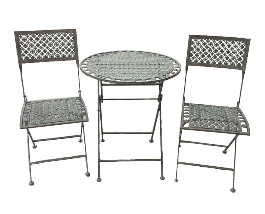 Bosbury antiqued blue 3 piece metal bistro set in a UK walled garden with climbing wisteria