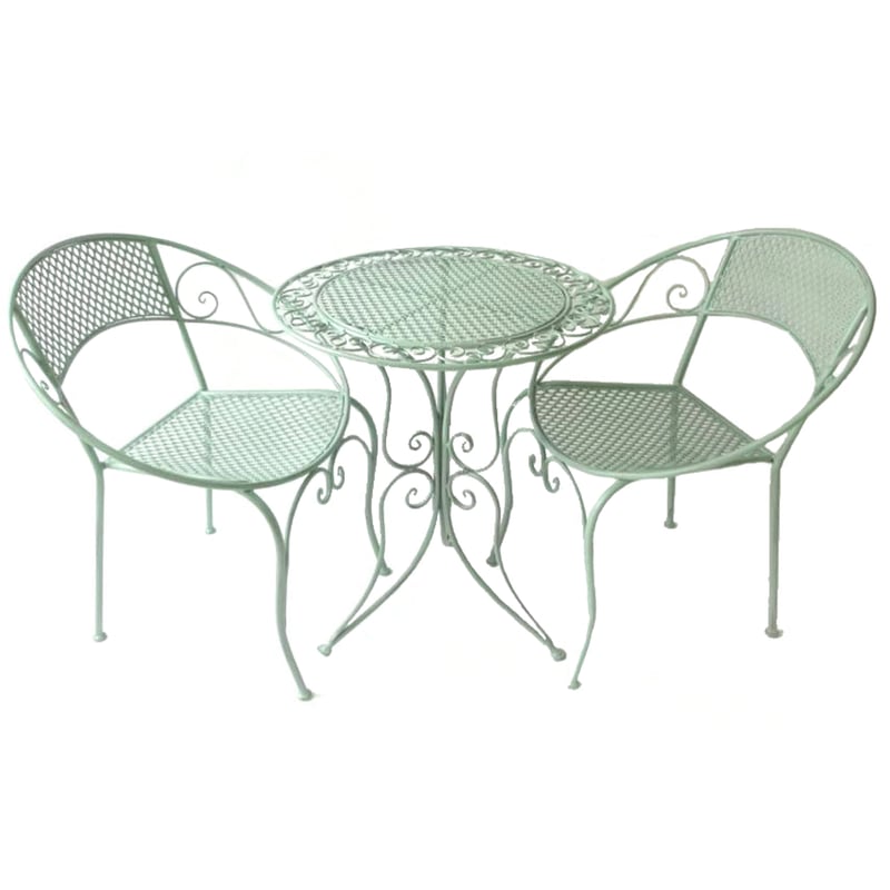 Wiswell sage green metal bistro set on a country patio