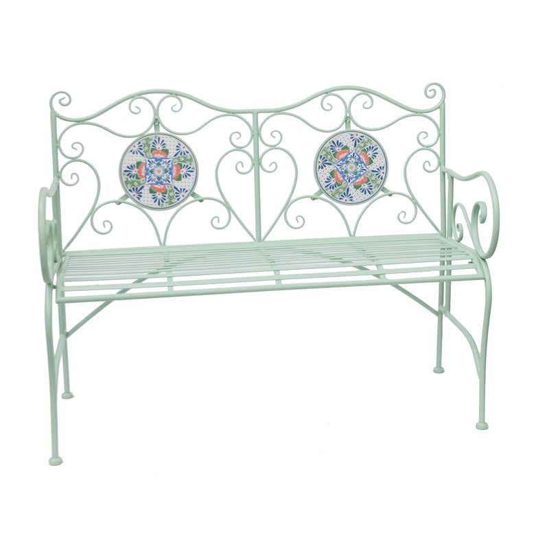 Rhone metal garden bench with detailed floral mosaic backrest