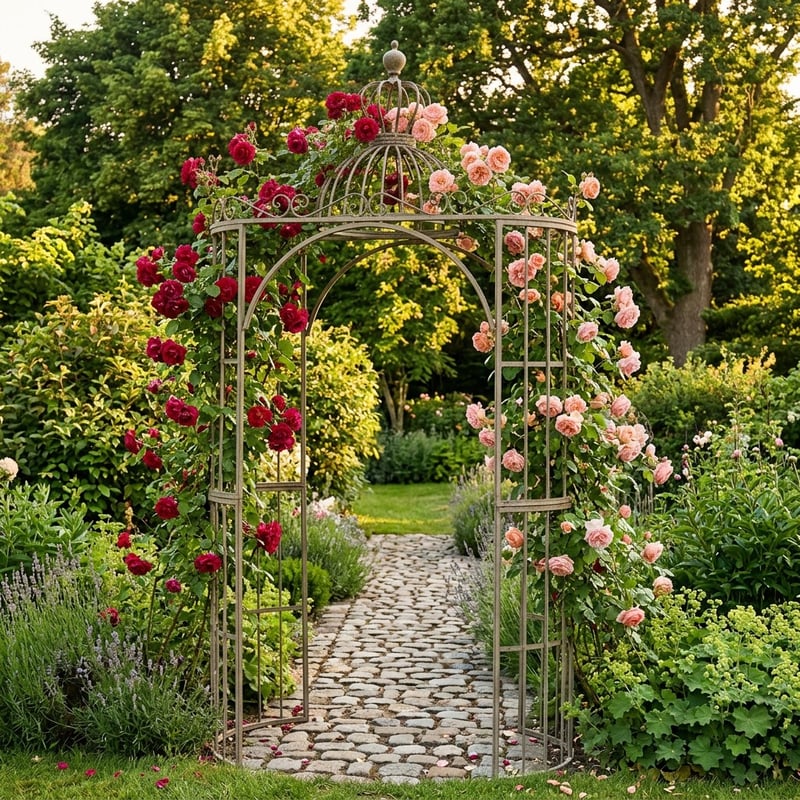 Avebury ornate metal garden archway with climbing roses in a UK garden setting