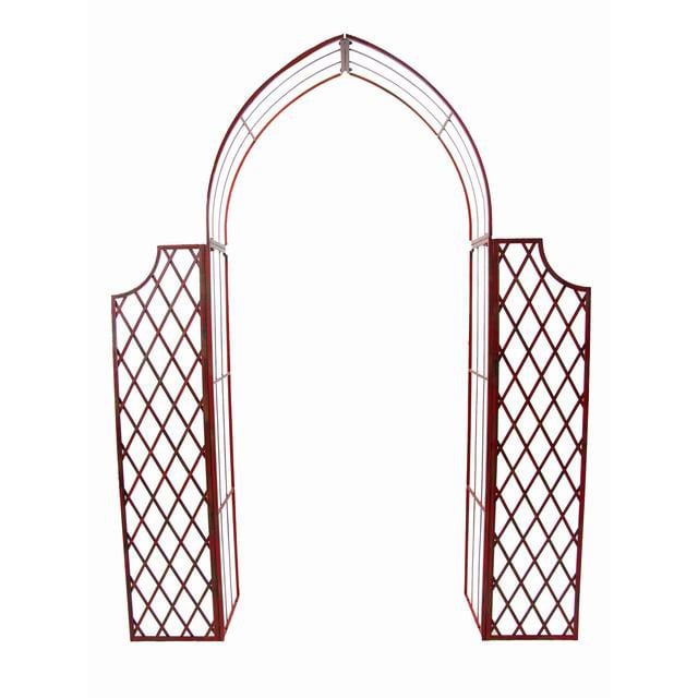 Lattice metal garden arch with side panels creating a structured ornamental gate entrance