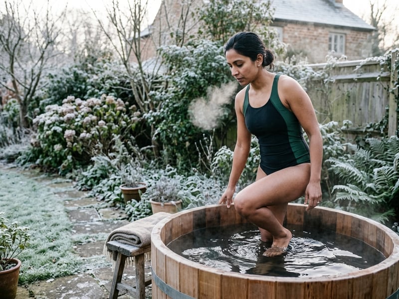 A woman stepping into a cold plunge tub on a frosty UK morning