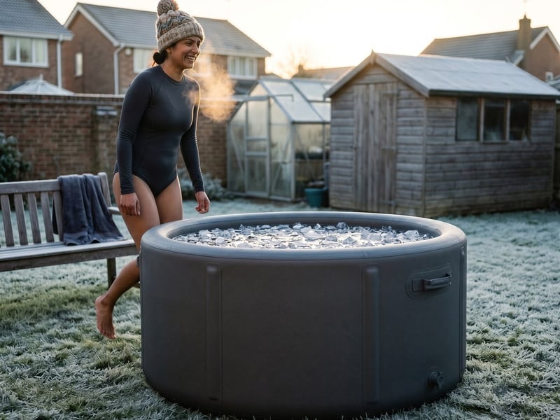 A woman beside the Inflatable Plunge ice bath on a frosty UK morning during the 30-day challenge