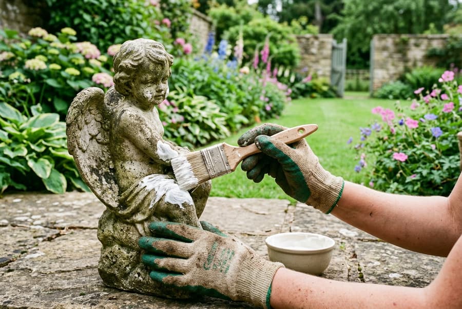 Applying yoghurt to a stone garden statue with a paintbrush to accelerate ageing