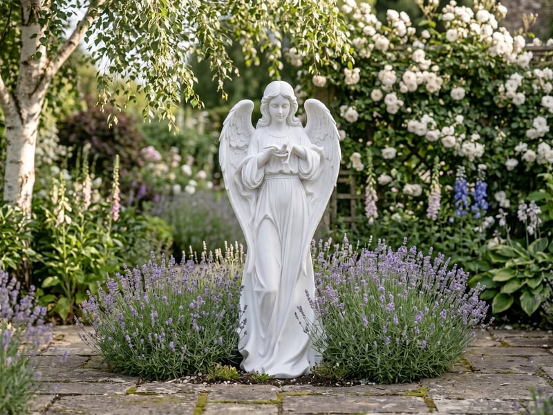 White Angel of Peace garden statue in a quiet memorial corner with roses, showing the angel statue meaning of remembrance