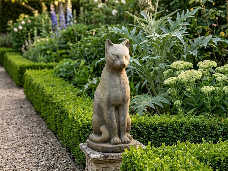 Egyptian cat stone statue in a formal garden setting beside clipped box hedging