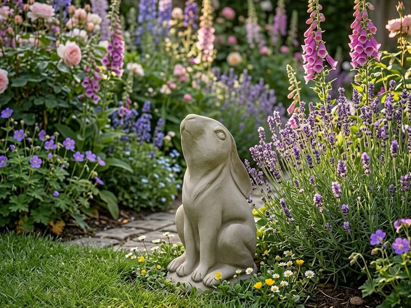 Moon gazing hare stone garden ornament positioned at the edge of a cottage garden lawn