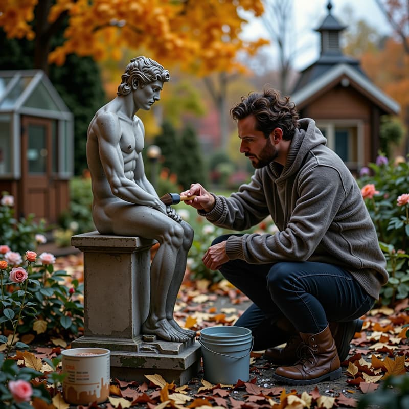 Applying breathable sealant to a stone garden ornament before winter