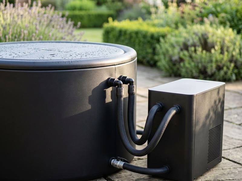 Close view of the Arctic One ice bath and its chiller unit in a UK garden