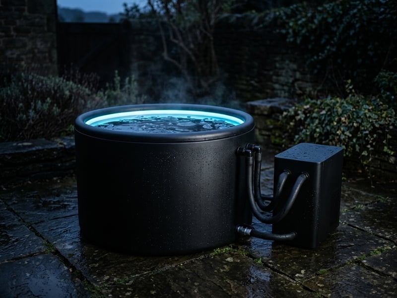 The Arctic One insulated ice bath with integrated chiller on a UK patio
