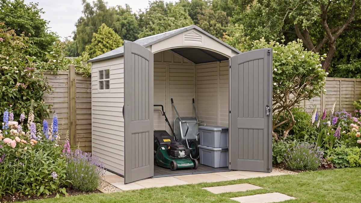 Lifetime 7x7 plastic garden shed in a planted British garden