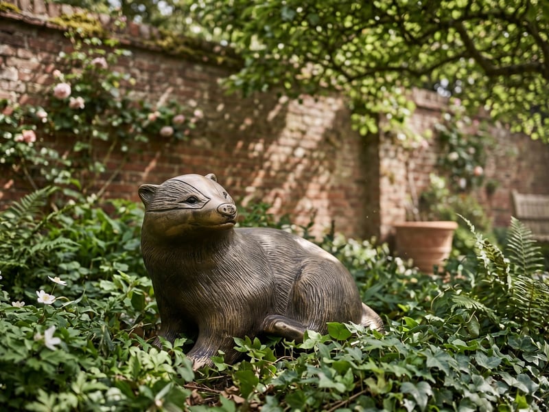 Bronze finish badger garden ornament half emerging from ferns and ivy at the shaded edge of a brick walled town garden