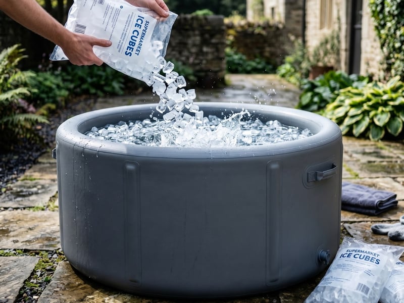 Tipping a bag of supermarket ice into the Inflatable Plunge ice bath