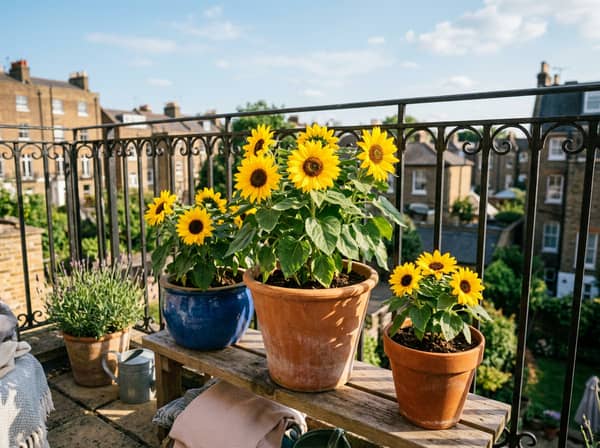 Dwarf sunflowers Pacino variety producing multiple golden flower heads in ceramic pots on a sunny UK balcony