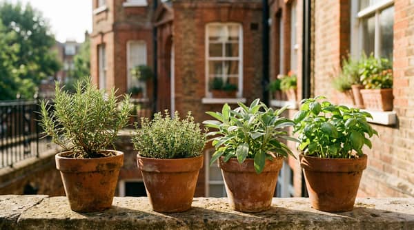 Rosemary, thyme, sage and basil growing in terracotta pots on a sunny south-facing UK balcony