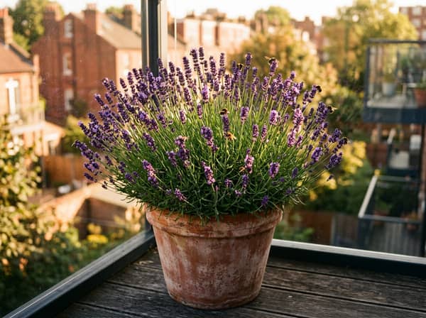 English lavender Hidcote in full bloom growing in a terracotta pot on a sunny UK balcony