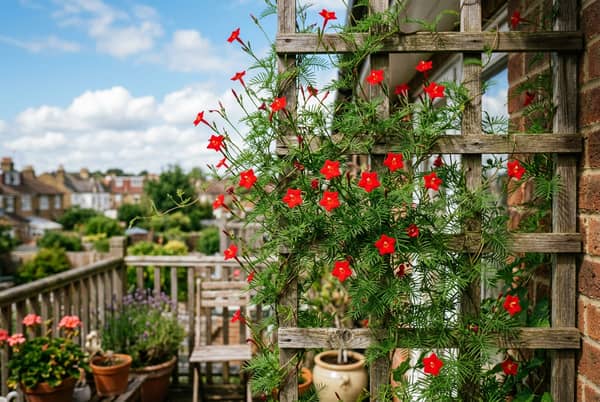 Cardinal climber vine with scarlet red star-shaped flowers climbing a wooden trellis on a sunny UK balcony