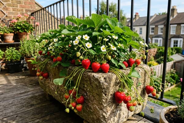 Strawberry plant with ripe red fruit and white flowers growing in a stone trough on a sunny UK balcony