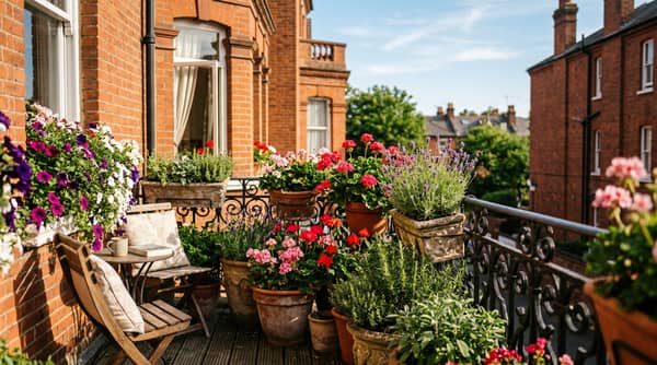 South-facing UK balcony planted with geraniums, lavender, trailing petunias and herbs in terracotta pots