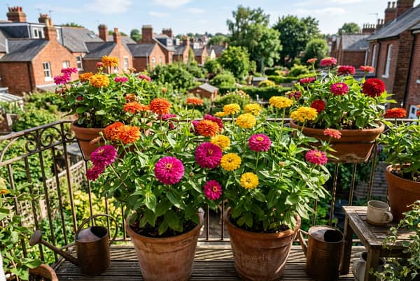 Colourful zinnias in pink, orange and red blooming in terracotta pots on a sunny UK balcony