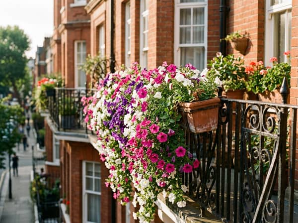 Trailing petunias in pink, purple and white cascading over a wrought iron balcony railing in summer