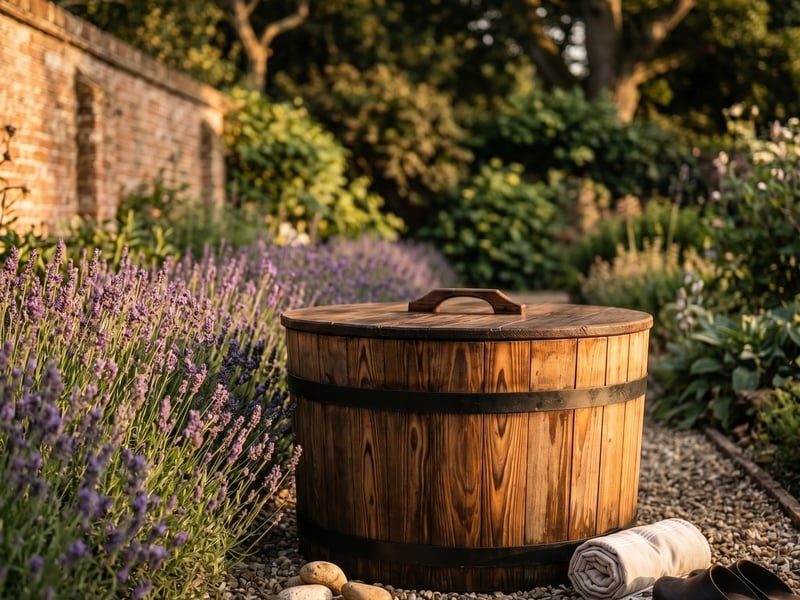The Barrel Plunge thermowood ice bath beside a lavender border in an English country garden