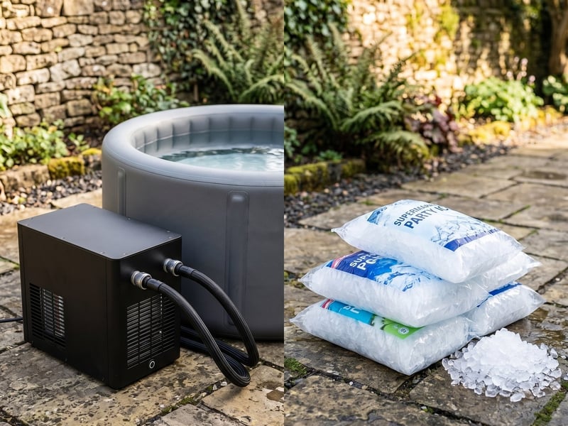 The Recovery Pro chiller connected to an inflatable ice bath beside stacked bags of ice on a patio
