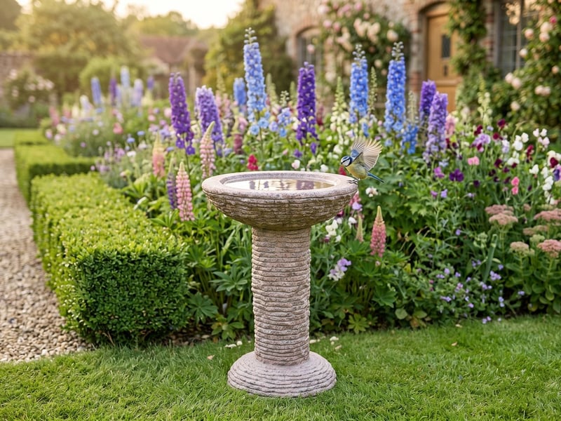 Cascade Pink Granite Bird Bath in a cottage garden border with a blue tit, best bird baths UK