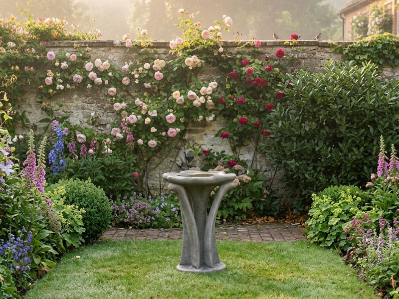 Flower Stone Birdbath with carved floral detail in a traditional UK garden