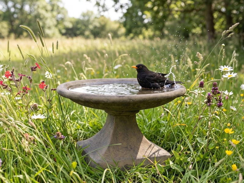 Low Height Stone Birdbath at ground level with a blackbird bathing among wildflowers, best bird baths for blackbirds UK