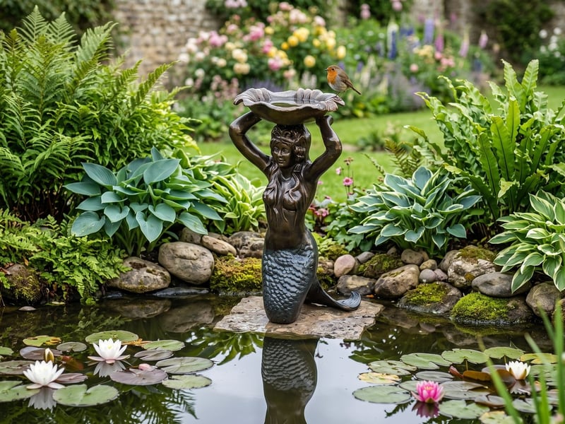 Mermaid Bird Bath metal garden ornament beside a wildlife pond, best metal bird baths UK