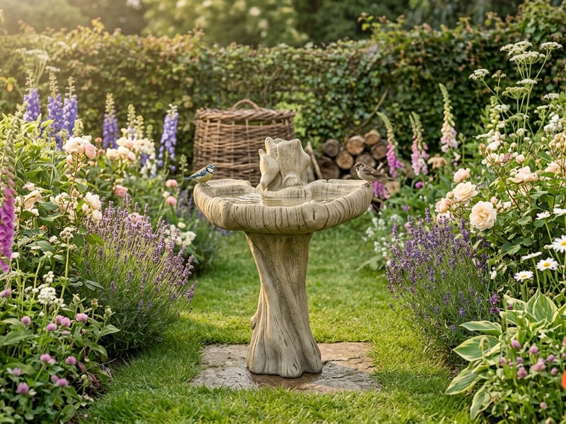 Nuthatch Birdbath in Stone showing carved bird detail in a UK garden