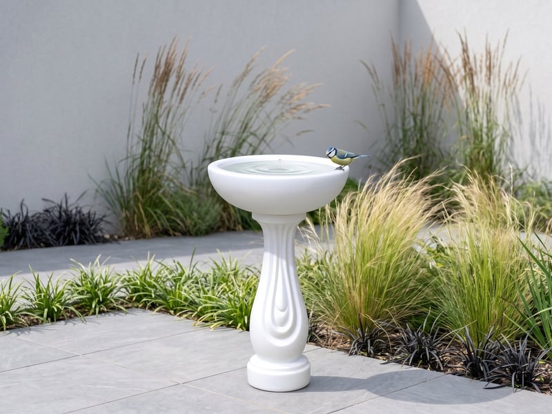 Ripple Bird Bath in White on a contemporary patio with ornamental grasses, modern bird baths UK