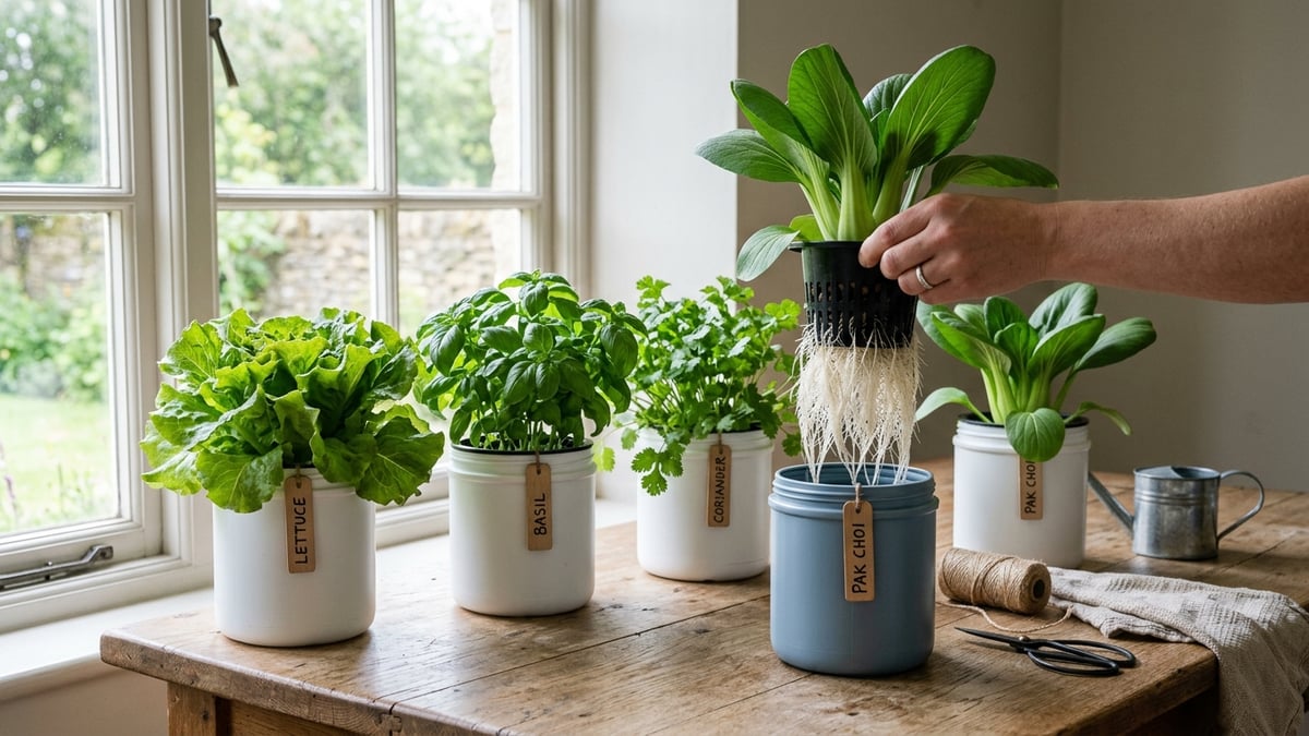 Lettuce, basil, coriander and pak choi grown with the Kratky method