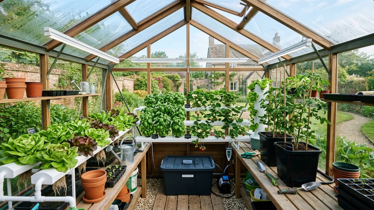 Home hydroponic systems growing lettuce, basil, strawberries and tomatoes in a British greenhouse