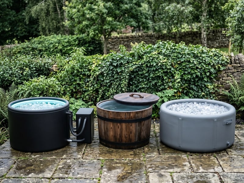 The Arctic One, Barrel Plunge and Inflatable Plunge ice baths lined up on a UK patio