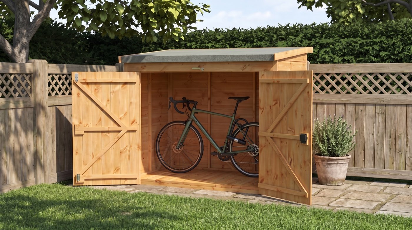 Bicycle secured with a D-lock through its frame and rear wheel inside a Power wooden bike shed