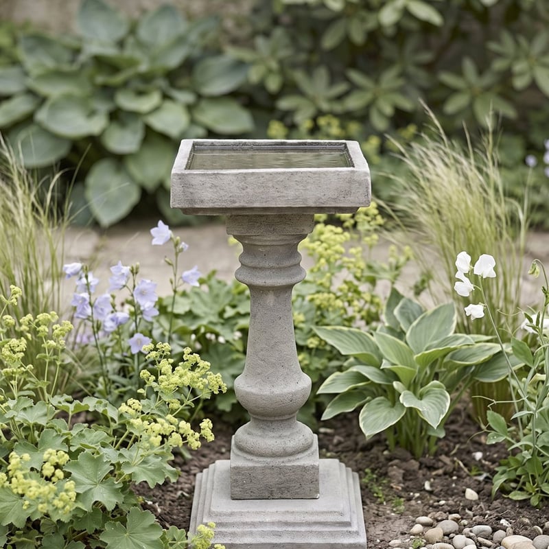Square-topped baluster stone bird bath standing on a firm level base