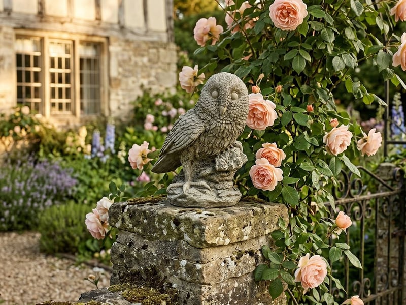 Tawny owl garden ornament in cast stone perched on a stone gatepost at a country cottage entrance in evening light