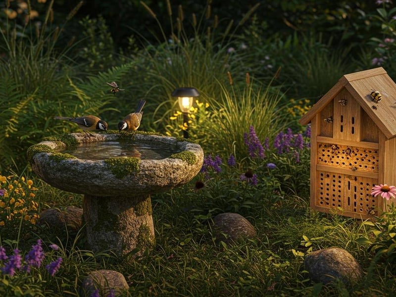 Sustainable garden ornaments including stone birdbath and wildlife features in an evening UK garden
