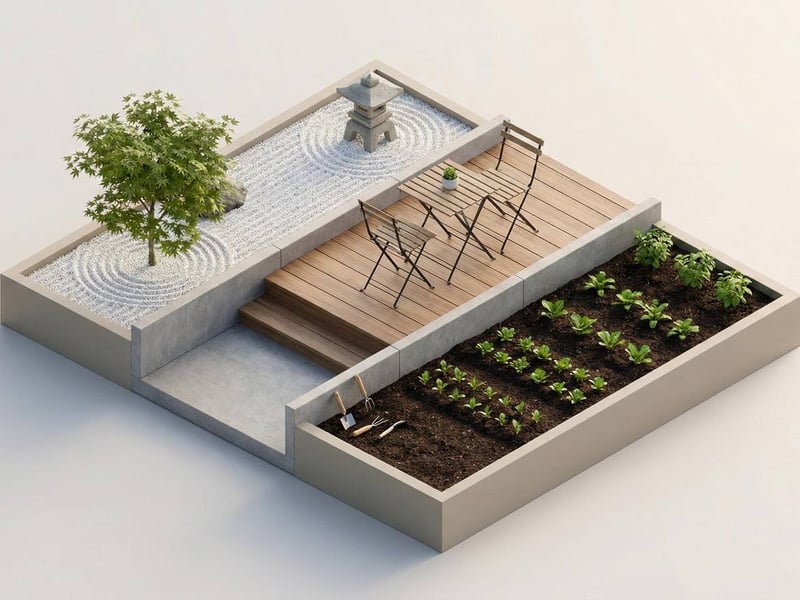 Top-down view of a small garden divided into zones using gravel and sleepers.