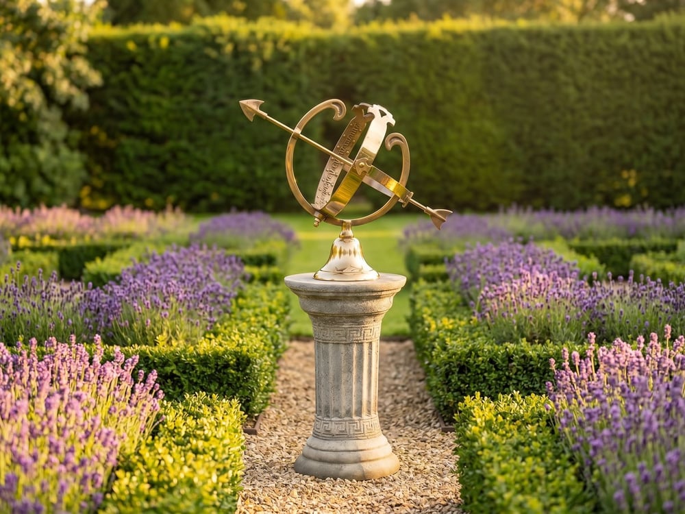 Brass armillary sphere on a fluted Greek-key stone pedestal at the centre of a formal lavender parterre at golden hour
