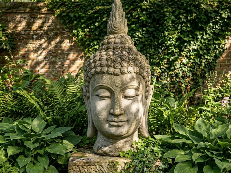 Thai Buddha head stone statue in a UK garden border with green foliage