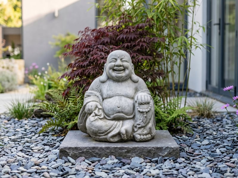Sitting Buddha garden statue in cast stone raised on a plinth in a calm planted corner, showing the Buddha statue meaning of peace